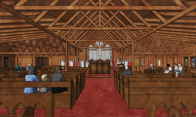 People sitting in a pews in a church.